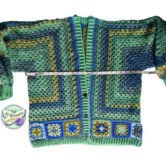 Handmade Oversize Crochet Cardigan Green Blue Warm Sweater, BOHO Granny Squares - Picture 10 of 15